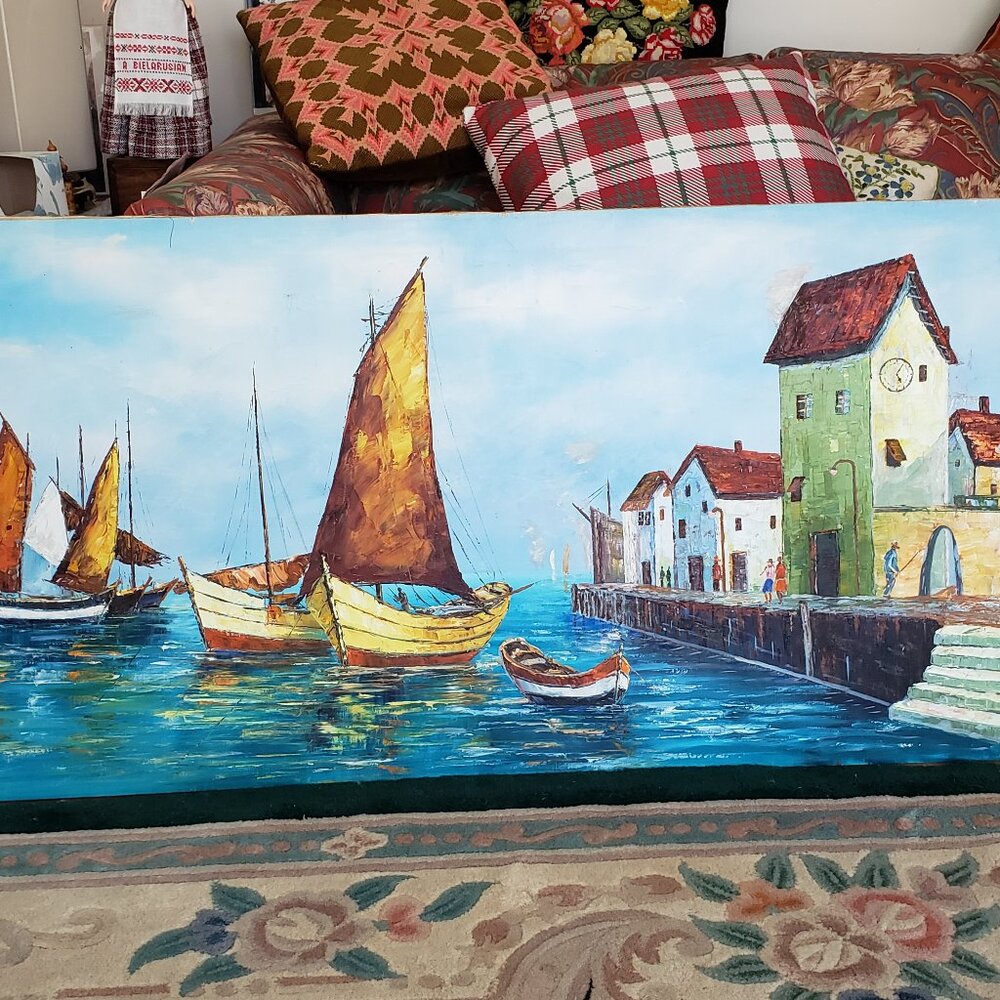 Vintage Antique Large Oil Painting on Canvas Mediterranean Theam Boats on Ocean